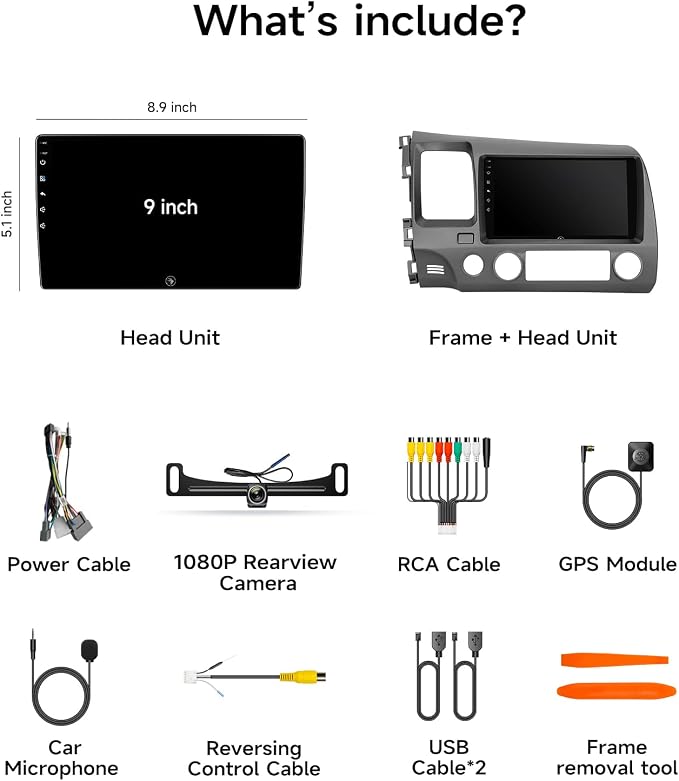 Car Radio Stereo for Honda Civic 2006-2011, Wireless CarPlay Android Auto | 9" IPS HD touchscreen, 64G storage, 5G WiFi GPS navigation, phone link, Bluetooth FM AM SWC, 1080P backup camera