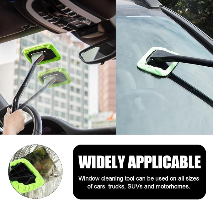 Car Windshield Cleaning Tool, Microfiber Auto Window Cleaner with 4 Cloth Pads & Long Handle, Reusable Window Cleaning Tool Kit for RV SUV Truck, Car Accessories (Green)