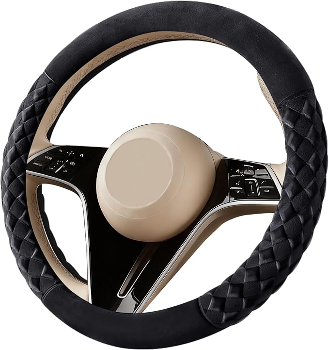 Black Diamond Patterned Plush Steering Wheel Cover, for Universal Auto Steering Wheel 14.5-15 in, Short Fluffy, Anti-Slip, Soft Plush, Comforting and Luxurious, Odorless, Soft Texture