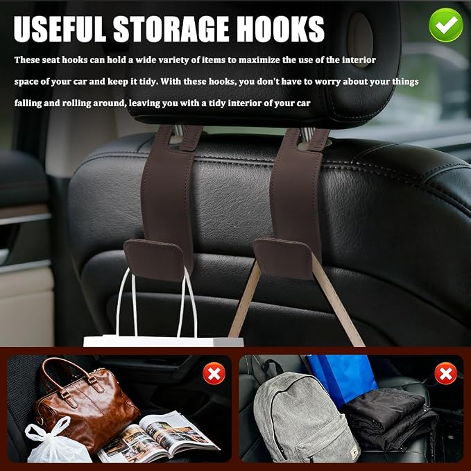 2PCS Car Seat Headrest Hooks, Purse Hook for Car, Automotive Headrest Handbags Holder, Auto Accessories Leather Seatback Organizer Hanger for Hanging Purses Bags Coats (Brown, 2PCS)