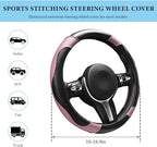 Car Steering Wheel Cover, 15 Inch Anti-Slip Stretch Leather Steering Wheel Protector, Comfortable Breathable Sporty Steering Wheel Cover for Women Men, Car Accessories (Black & Pink)