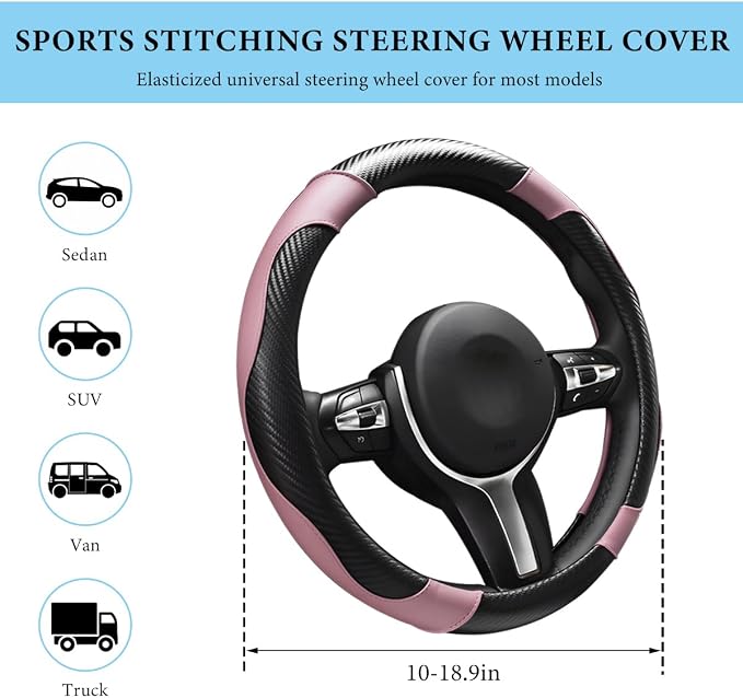 Car Steering Wheel Cover, 15 Inch Anti-Slip Stretch Leather Steering Wheel Protector, Comfortable Breathable Sporty Steering Wheel Cover for Women Men, Car Accessories (Black & Pink)