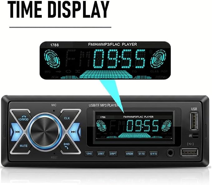 Single DIN Car Radio Headunit Bluetooth Stereo Audio for Handsfree Calling,Phone Charging, FM/ MP3/TF Card/AUX/Time,Dual USB,7 LED Colors