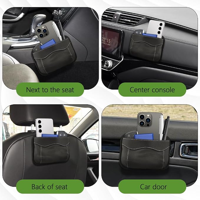 Car Seat Side Pocket Organizer, PU Leather Car Seat Gap Filler Bag, Car Seat Pocket Storage Bag for Phone, Keys, Sunglass, Wallet, Car Organizer Accessories for Seat, Door, Window (Black)