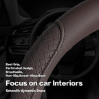 Microfiber Leather Steering Wheel Cover with Classic Embossing, Anti-Slip Breathable Auto Car Wheel Protector, 15 Inch, Coffee