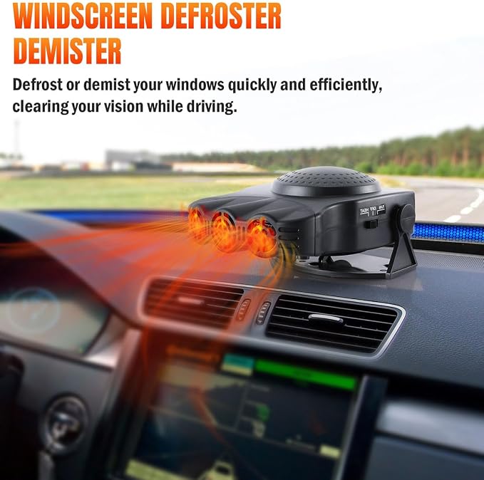 Portable Car Heater - Car Defroster for Vehicle, 150W Automotive Heater Fan with 180° Swivel Bracket, 3 Outlets for Wide Heat Distribution, for All 12V Vehicles (Black)