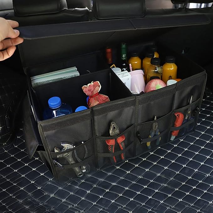 Car Trunk Organizer - Collapsible Trunk Organizer with Foldable Cover Aluminium Alloy Handle Reflective Strip for Auto, SUV, Truck, Minivan (S Black)