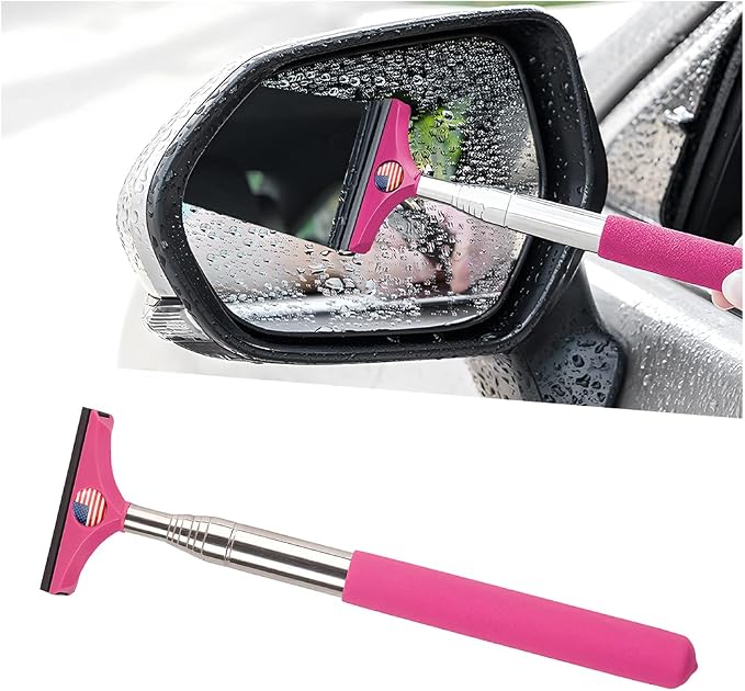 Car Rearview Mirror Wiper, American Flag Telescopic Auto Mirror Squeegee Cleaner, Glass Mist Cleaning Tool with Retractable 98cm Handle, Portable Car Windows Water Removal (Pink/Red Flag)
