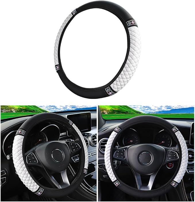 Bling Car Steering Wheel Cover, 15 Inch Rhinestones Soft Leather Elastic Steering Wheel Protector, Sparkly Crystal Diamond for Women Girls (White)