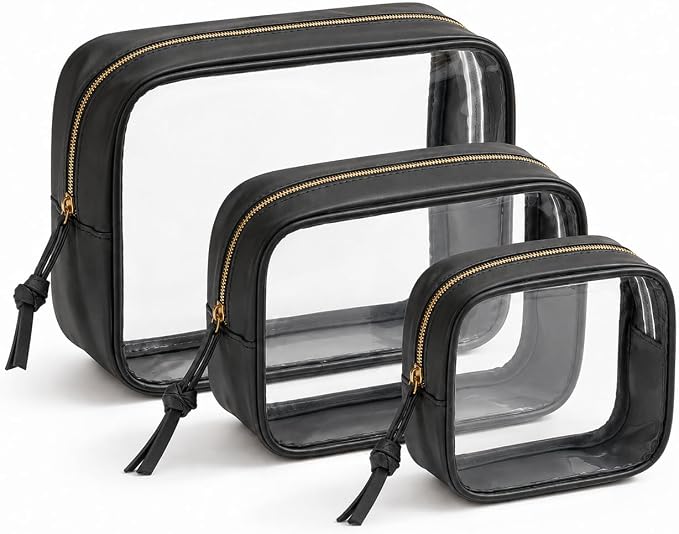 Clear Makeup Bags with Zipper, TSA Approved Travel Toiletry Bag,Clear Cosmetic Bag, Waterproof Make Up Bag for Women (Stand-up, Black, 1 Small + 1 Medium + 1 Large)