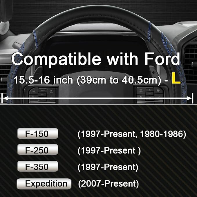 Customized Auto Car Steering Wheel Cover for Ford F-150, F-250, F-350, Expedition(Diamond Quilted - Black+Blue)