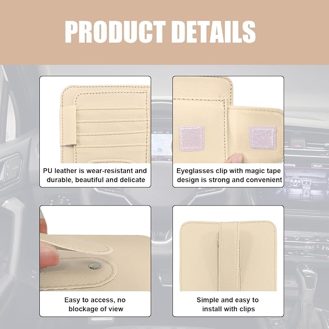 2 PCS Car Sun Visor Organizer, Small Auto Visor Organizer and Storage, Registration and Document Holder for Sunglasses, Card, Pen, Driver License, Car Accessories (Beige)