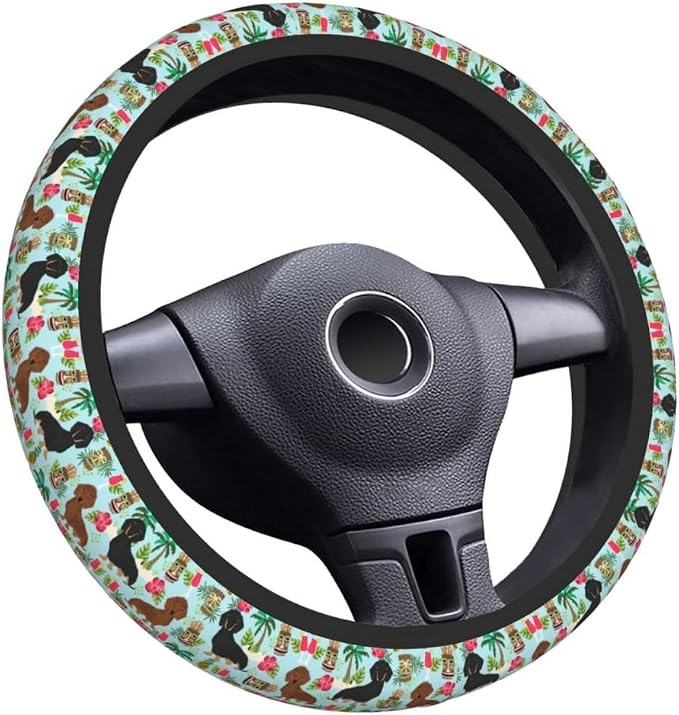 Elastic Steering Wheel Cover Car Accessories Cute Universal 15 Inch Absorbing Sweat Non-Slip Breathable for Man Woman, Cute Dachshund Floral
