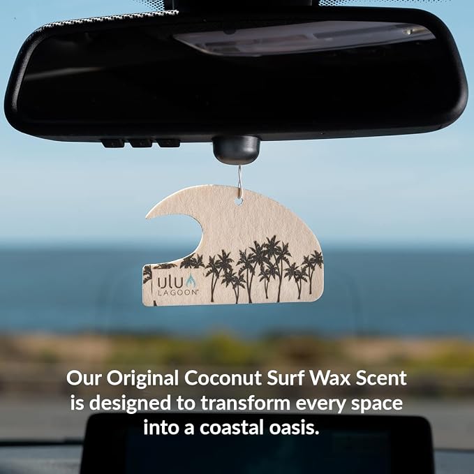 Hanging Car Air Freshener | Tropical Beach Coconut Surf Wax Scent Mini Wave | Long Lasting Car Freshener, Closet and Beyond | Made In USA | 3 Pack (Black Palms)