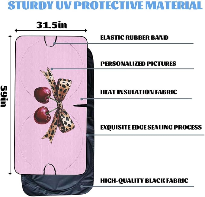 Coquette Cherry Car Windshield Sunshades Leopard Bow Pink Girly Aesthetic Front Window Sun Shade Blocks UV Rays Sun Visor Protector for Car Sedan Truck SUV Accessories 59" L x 31.5" W