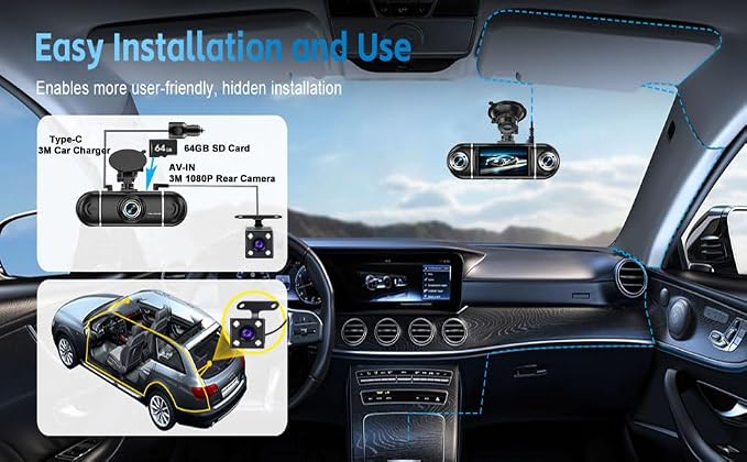 4 Channel Dash Cam Front and Rear Left Right, 360° View 1080P Car Dash Camera, Super Night Vision, G-Sensor,170° Wide Angle, Loop Recording, 24H Parking Monitor, WiFi & APP Control, 64GB SD Card