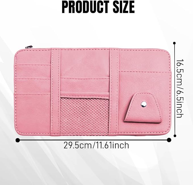 Car Sun Visor Organizer, Truck Visor Organizer, Leather Multi-Pocket Auto Visor Storage Pocket Pouch Holder with Zipper, Auto Accessories Storage Bag for Driving License Card Pen (Pink)