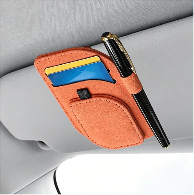 Car Sun Visor Organizer, Multi-Pocket Vehicle Sunglass Card Holder with Pen Slot, Automotive Interior Sunshade Glasses Storage Organizer, Universal Fit (Orange)