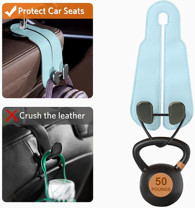CoBak Purse Hook for Car - Universal Premium Stitched Leather and Aluminum-Magnesium Alloy Double Car Seat Back Storage Hook for Purses, Handbags, Bags (2 Pack),Baby Blue