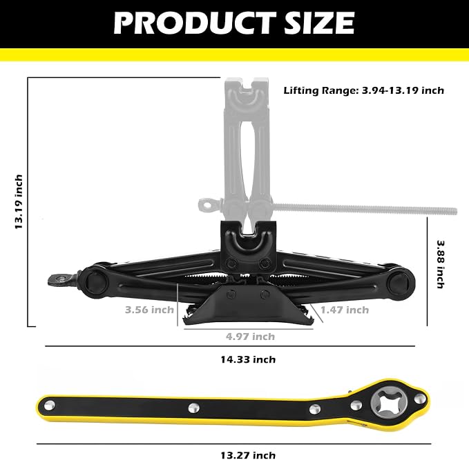 Scissor Jack for Car with Ratchet Wrench,1.5T (3307lbs) Capacity Scissor Car Jack Kit for Lifting Light Vehicles,Heavy Duty Vehicle Accessories Tire Jacks Lifting Range of 3.94-13.19"