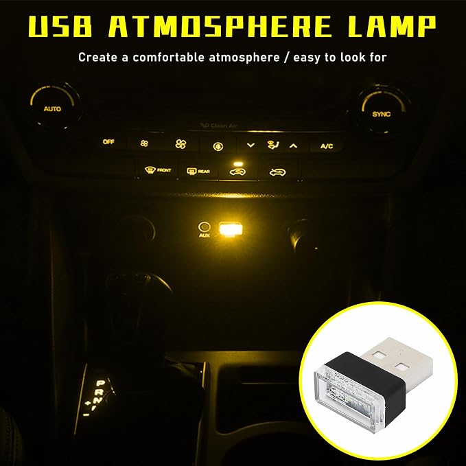4 PCS USB LED Car Interior Atmosphere Lamp, Plug-in USB Decor Night Light, Portable Auto Ambient Lighting Kit, Universal Vehicle Interior Accessories for Most Cars (Yellow)