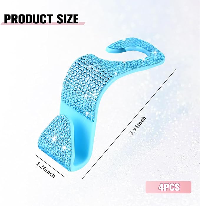 4PCS Bling Car Seat Headrest Hook, Crystal Rhinestone Backseat Hanger Organizer for Purse Handbag Umbrella, Shiny Auto Interior Seat Back Storage Holder Hook, Universal Fit (Lake Blue)