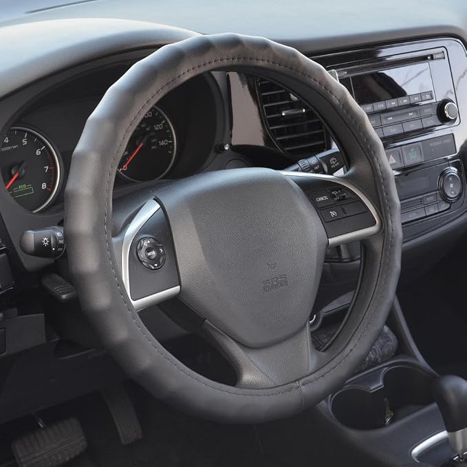 SW-899-LK Black Leather Car Steering Wheel Cover Large Size 15.5 to 16 inch, Easy Installation