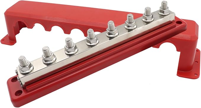 600A Bus Bar Heavy Duty Power Distribution Block 48V DC Busbar Box with 8 x M10(3/8") Terminal Studs for Battery Marine Automotive RV Car Truck (Red)