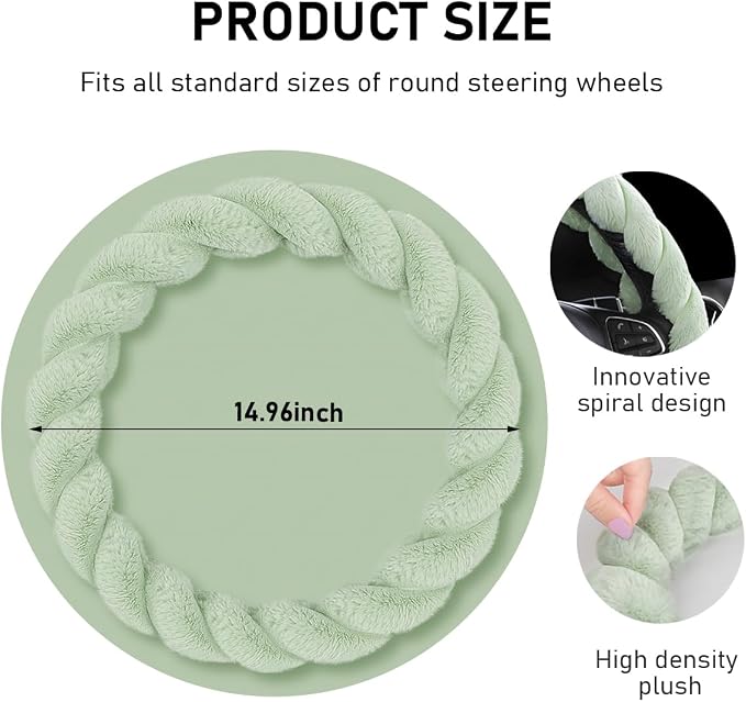 Fluffy Car Steering Wheel Cover, 15 Inches Anti-Slip Round Fuzzy Winter Steering Wheel Protector, Soft Warm Plush Steering Wheel Cover for Women Girls, Car Accessories (Green, Round)