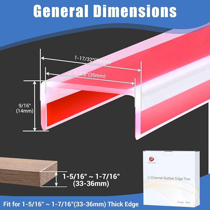 Rubber Edge Trim, Self-Adhesive U Channel Edge Trim, Edge Protector for Door Side, Peel and Stick U Shaped Edge Banding, Silicone Rubber Material, Clear Color, Fit 1-3/8"(35mm)