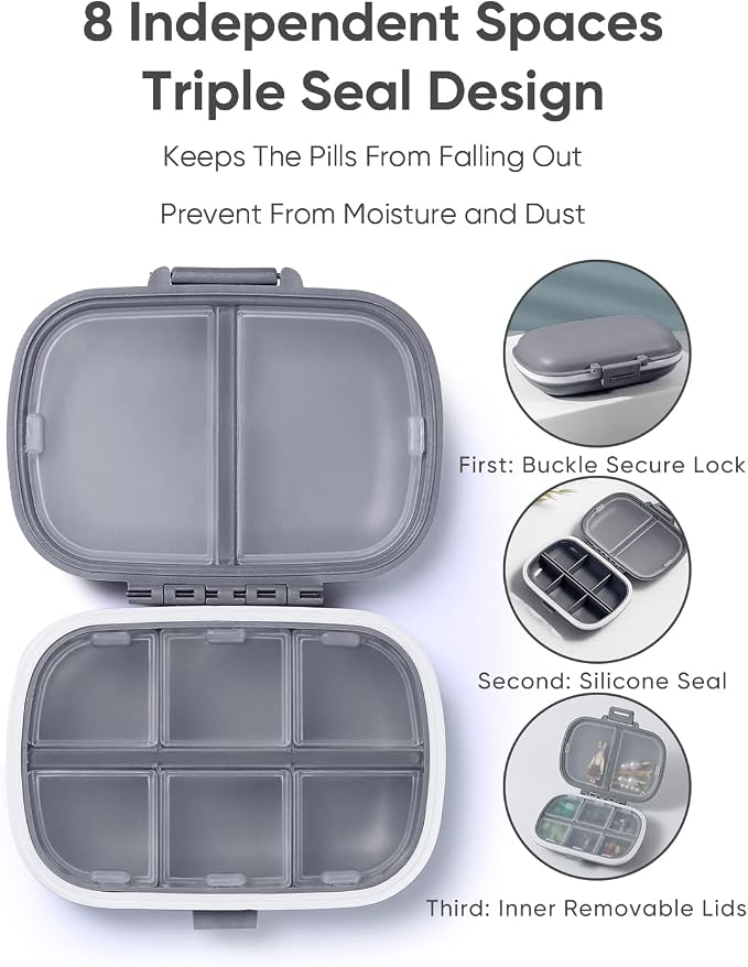 Holii Travel Pill Organizer, 8 Compartments Portable Pill Case, Daily Pill Box to Hold Vitamins, Small Pill Container for Pocket Purse Medicine Organizer（Gray）