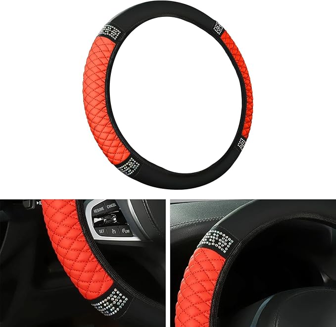 Bling Car Steering Wheel Cover, 15 Inch Rhinestones Soft Leather Elastic Steering Wheel Protector, Sparkly Crystal Diamond for Women, Car Interior Accessories for Most Cars (Red)