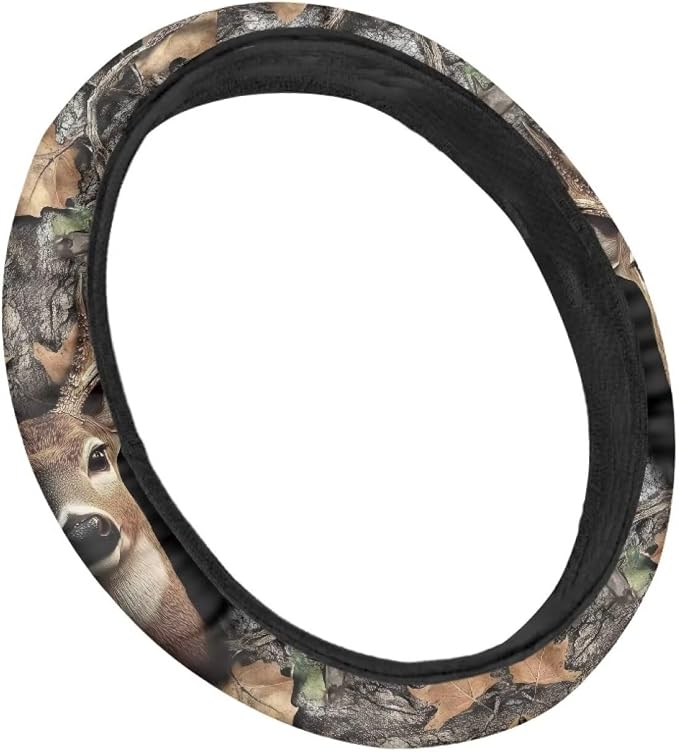 Deer Camo Hunting Forest Grey Car Steering Wheel Cover Universal 15 inch Anti-Slip Auto Steering Wheel Protector Car Interior Decor for Women Men