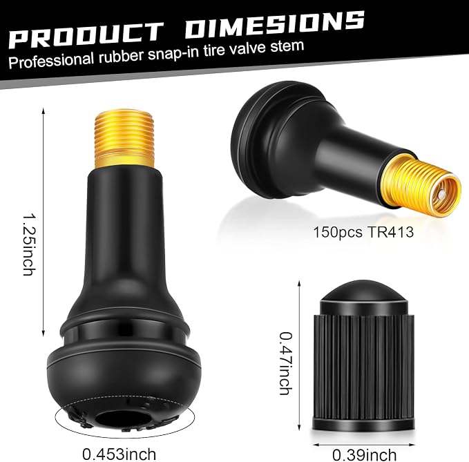 150 Pieces TR413 Valve Stems Tubeless Bulk Rubber Snap-in Valve Stems for 0.453 Inch Rim Holes, Black Standard Length Replacement Tool for Car Tubeless Replacement