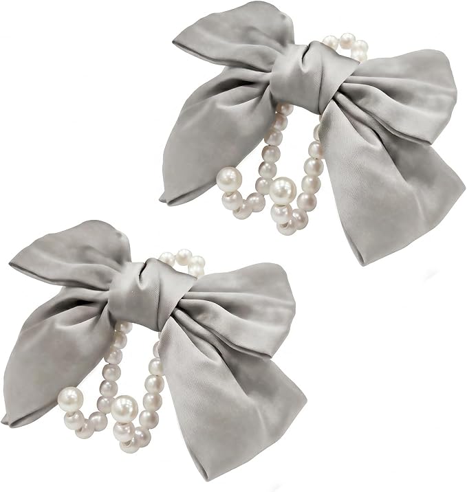2 PCS Bow Pearl Car Seat Headrest Hook – Cute Purse Hook for Car, Girly Interior Decoration Accessories Hook Hanger, Seatback Holder for Purses & Bags, Elegant Car Organizer (Moonlight Grey)