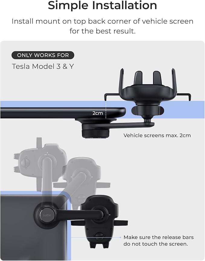 Easy One Touch Advanced Phone Mount for Tesla Model 3 and Model Y Screens - Universal Cell Phone Holder for iPhone, Google, Samsung, Moto, LG, and All Other Smartphones Black