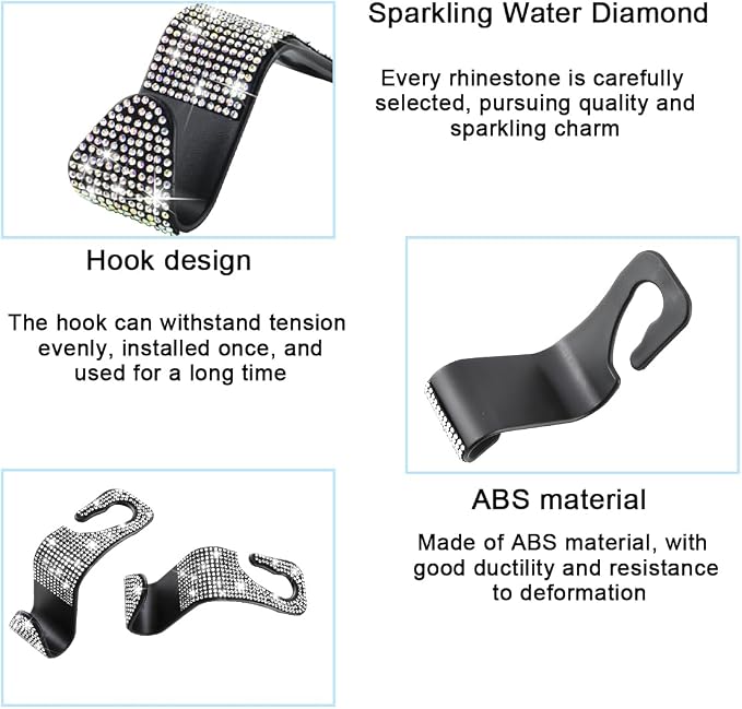Mandark 4PCS Bling Car Seat Headrest Hooks, Crystal Rhinestone Vehicle Seat Back Hanger for Grocery Purses Handbags, Diamond Auto Seatback Storage Organizer Hook, Universal for Most Cars (Multicolor)
