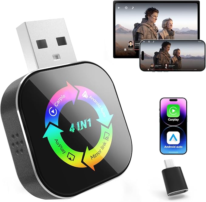 2026 Upgraded Wireless Carplay Adapter, 4 in 1 Screen Mirroring Support Mirror Link/AirPlay for Apple CarPlay & Android Auto, Mini USB/Type-C Plug & Play Car Play Adapter, Wired to Wireless