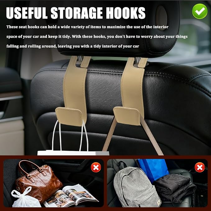 2PCS Car Seat Headrest Hooks, Purse Hook for Car, Automotive Headrest Handbags Holder, Auto Accessories Leather Seatback Organizer Hanger for Hanging Purses Bags Coats (Beige, 2PCS)