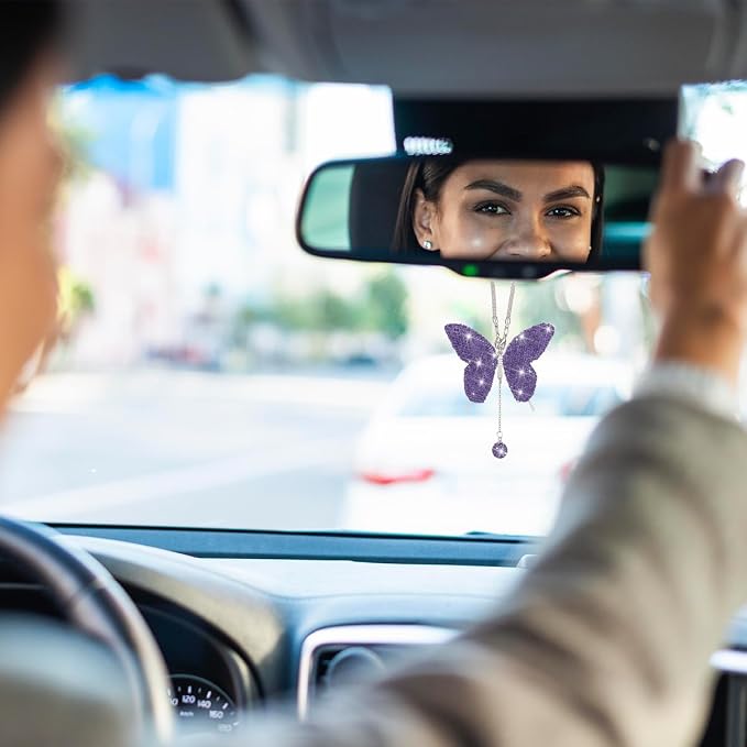 Bling Butterfly Diamond Car Accessories, Crystal Car Rear View Mirror Charms for Women, Car Decoration Lucky Gifts Hanging Interior Crystal Ornament Pendant Decor for All Cars (Purple)