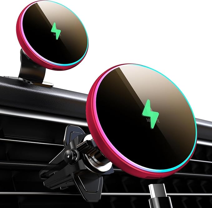 for Magsafe Car Mount Charger-15W Wireless Car Charger-Magnetic Car Phone Holder for Dash Air Vent-LED RGB HandsFree Car Mount Fast Car Charger for iPhone 16 15/14/13/12 Series RED