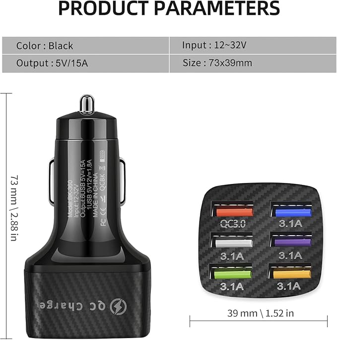Car Charger Adapter, 6 USB Multi Port, Fast Charger, Include QC 3.0 and 5 Other Ports, Car Interior Accessories, Fit for iPhone 17/16/15/14/13Pro Max, Samsung, Android (Black 2pcs)