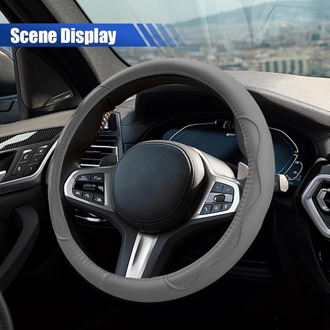 15 Inch Leather Car Steering Wheel Cover for SUV, Truck, Gray | Anti-Slip Breathable Automotive Steering Wheel Protector, Universal Heat Resistant Vehicle Interior Accessories