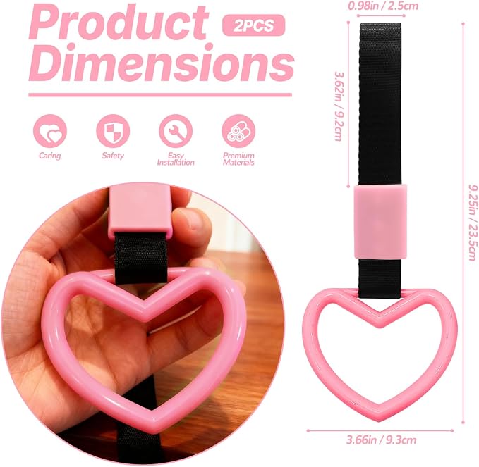 2 Pcs Heart Shaped Car Handle Strap – Drift Charm Rear Bumper Warning Ring Decor for Car Interior Exterior, Subway Bus Handle Accessory, Cute Heart Car Decor Gift for Women & Men (Pink)