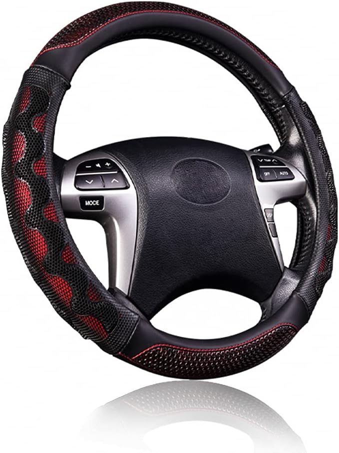 car Steering Wheel Cover Faux Leather Massage Universal fit 3D Honeycomb Hole Anti-Slip Sporty 15 Inches (Red with Black)