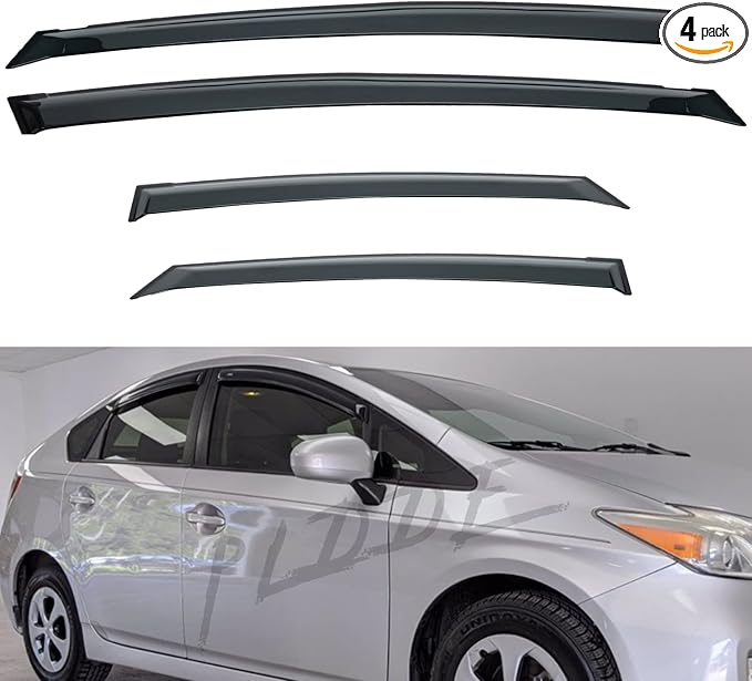 4pcs Window Rain Guard Compatible with 2010-2015 Toyota Prius/Prius Plug-in Smoke Tint Outside Mount Tape On/Clip On Style PVC Sun Rain Guard Vent Window Visors 2011 2012 2013 2014