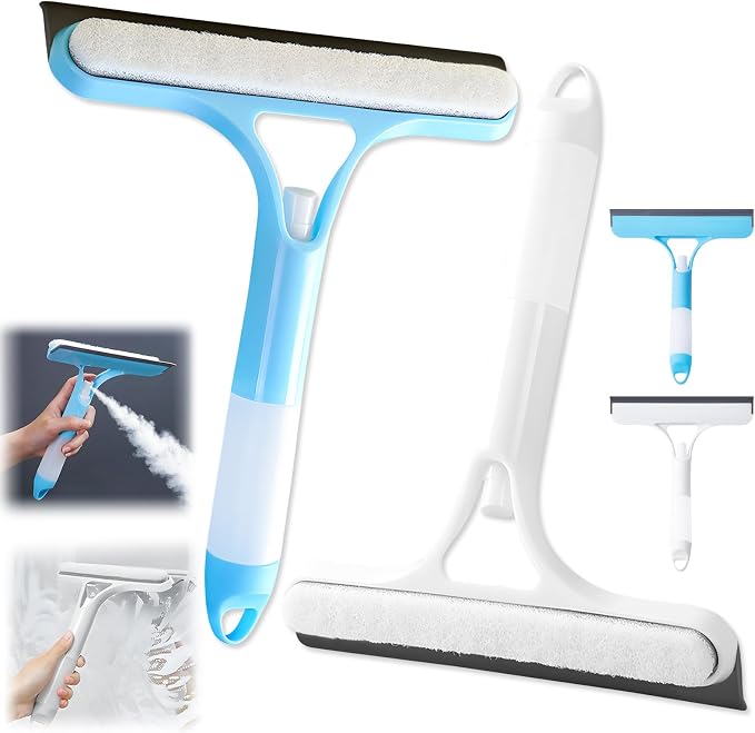 3 in 1 Window Cleaning Scraper,New 3 in 1 Window Cleaner,Squeegee and Scrubber with Spray, for Windows, Walls,Car Windshields, Bathrooms, Kitchens, All-Purpose Window Cleaner Tool (White/Blue)
