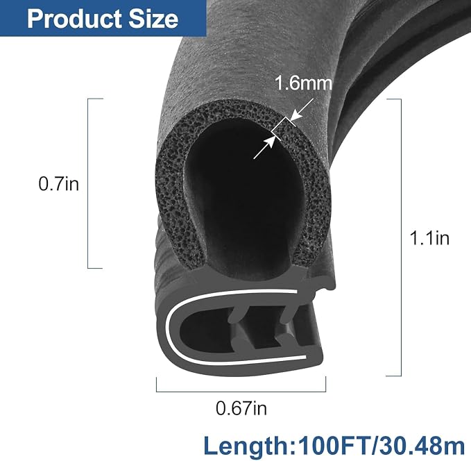 Automotive Door Weather Stripping 100Ft Car Door Rubber Edge Trim Seal Strip Gasket with Side Bulb for Car Bus Camper Boat RV Truck Doors