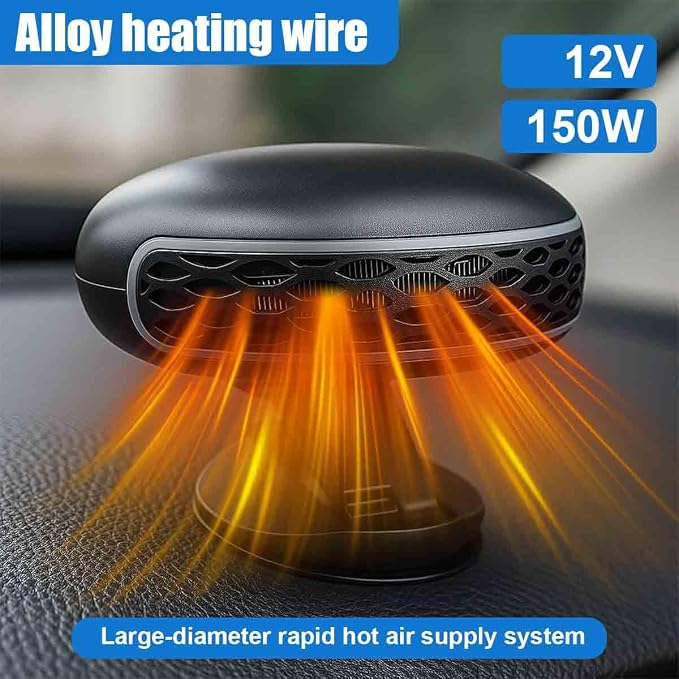 12V 150W Car Heater, Portable 2-in-1 Car Dashboard Defroster with Cigarette Lighter Plug, 360° Rotary Vehicle Fast Heating Fan, Self-Adhesive Windshield Defogger for Most Cars(Black)