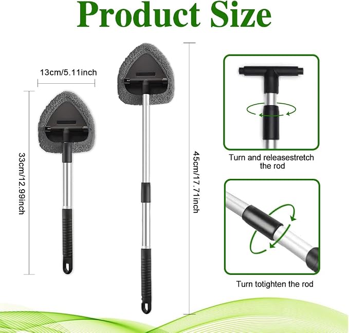 Windshield Cleaning Tool, Car Window Cleaner with Extendable Long Handle and 4 Washable Reusable Microfiber Pads, Auto Interior Exterior Auto Glass Wiper for Windshield, Universal for Most Cars (Grey)